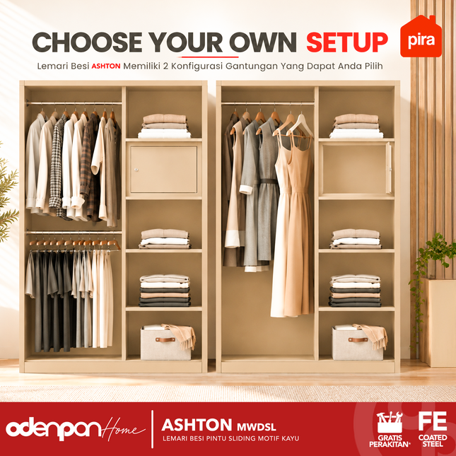 PIRA - ASHTON Lemari Pakaian Baju 2 Pintu Besi Sliding Motif Kayu