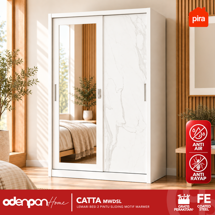 PIRA - CATTA Lemari Pakaian / Baju 2 Pintu Besi Sliding Dengan Cermin Motif Marmer