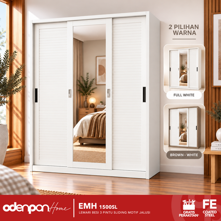 ODENPAN - EMH 1500 SL  Lemari Pakaian / Baju 3 Pintu Besi Sliding Dengan Cermin Motif Jalusi