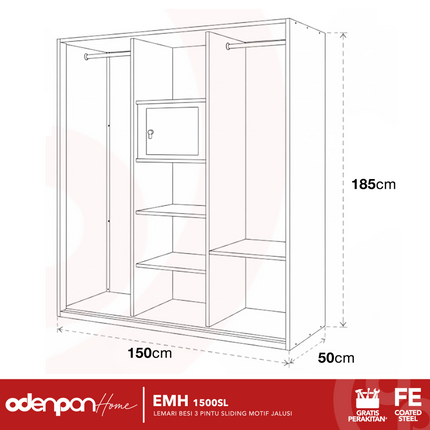 ODENPAN - EMH 1500 SL  Lemari Pakaian / Baju 3 Pintu Besi Sliding Dengan Cermin Motif Jalusi