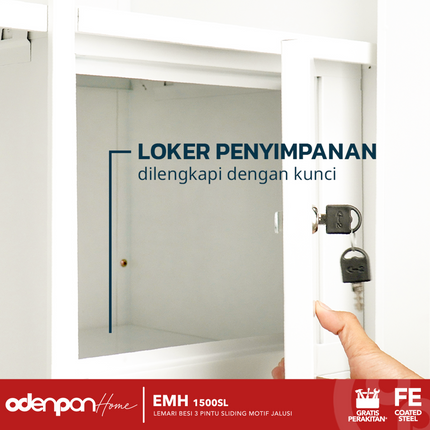 ODENPAN - EMH 1500 SL  Lemari Pakaian / Baju 3 Pintu Besi Sliding Dengan Cermin Motif Jalusi