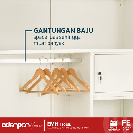 ODENPAN - EMH 1500 SL  Lemari Pakaian / Baju 3 Pintu Besi Sliding Dengan Cermin Motif Jalusi