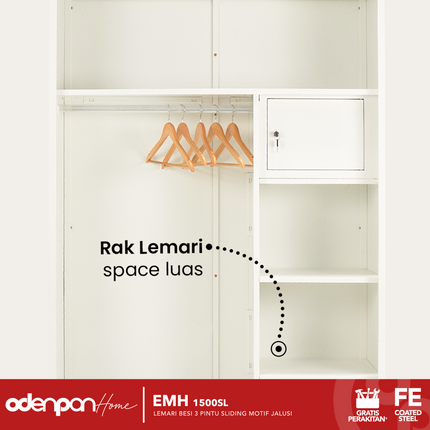 ODENPAN - EMH 1500 SL  Lemari Pakaian / Baju 3 Pintu Besi Sliding Dengan Cermin Motif Jalusi