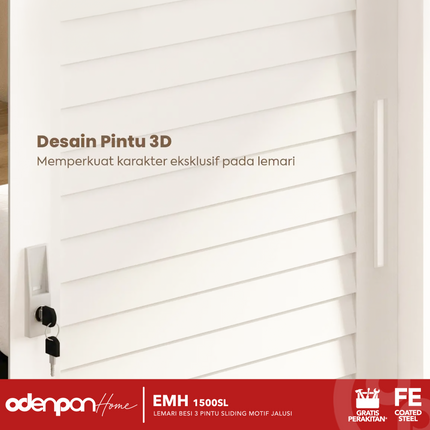 ODENPAN - EMH 1500 SL  Lemari Pakaian / Baju 3 Pintu Besi Sliding Dengan Cermin Motif Jalusi