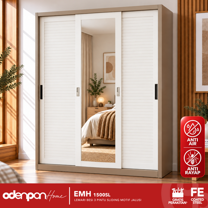 ODENPAN - EMH 1500 SL  Lemari Pakaian / Baju 3 Pintu Besi Sliding Dengan Cermin Motif Jalusi