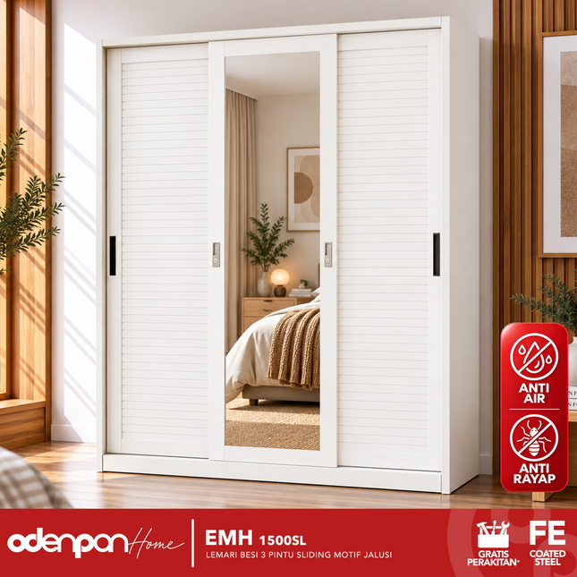 ODENPAN - EMH 1500 SL  Lemari Pakaian / Baju 3 Pintu Besi Sliding Dengan Cermin Motif Jalusi