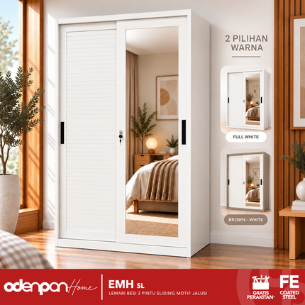ODENPAN - EMH SL  Lemari Pakaian / Baju 2 Pintu Besi Sliding Dengan Cermin Motif Jalusi