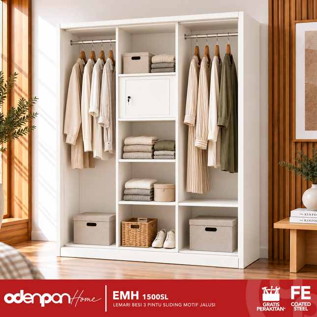 ODENPAN - EMH 1500 SL  Lemari Pakaian / Baju 3 Pintu Besi Sliding Dengan Cermin Motif Jalusi