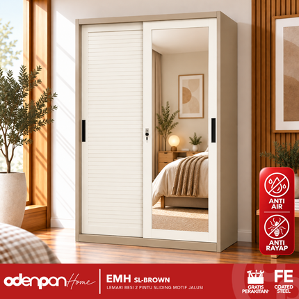 ODENPAN - EMH SL  Lemari Pakaian / Baju 2 Pintu Besi Sliding Dengan Cermin Motif Jalusi