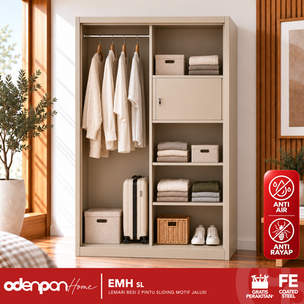 ODENPAN - EMH SL  Lemari Pakaian / Baju 2 Pintu Besi Sliding Dengan Cermin Motif Jalusi