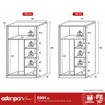 ODENPAN - EMH SL  Lemari Pakaian / Baju 2 Pintu Besi Sliding Dengan Cermin Motif Jalusi