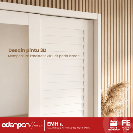 ODENPAN - EMH SL  Lemari Pakaian / Baju 2 Pintu Besi Sliding Dengan Cermin Motif Jalusi