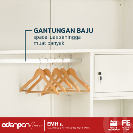 ODENPAN - EMH SL  Lemari Pakaian / Baju 2 Pintu Besi Sliding Dengan Cermin Motif Jalusi