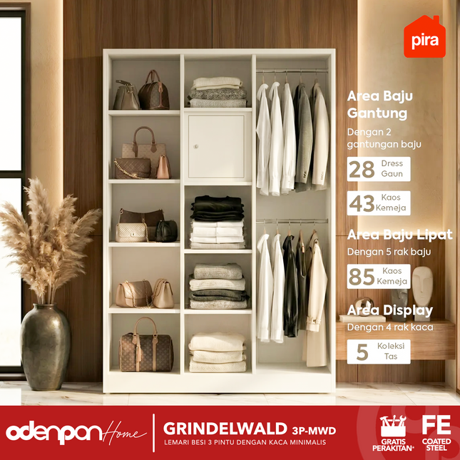 PIRA - GRINDELWALD 3P MWD Lemari Pakaian Baju 3 Pintu Besi Pintu Swing Dengan Kaca