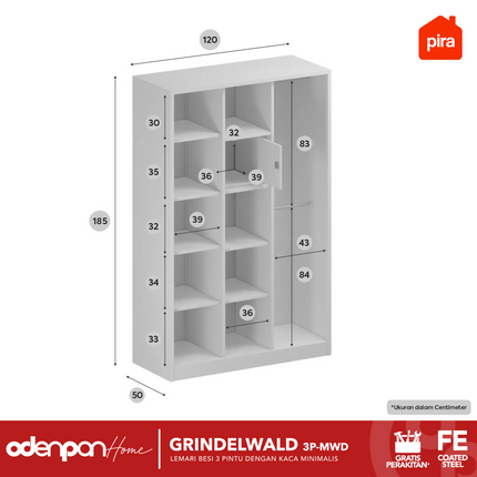 PIRA - GRINDELWALD 3P MWD Lemari Pakaian Baju 3 Pintu Besi Pintu Swing Dengan Kaca