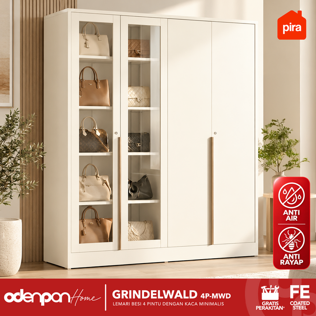 PIRA - GRINDELWALD 4P MWD Lemari Pakaian Baju 4 Pintu Besi Pintu Swing Dengan Kaca