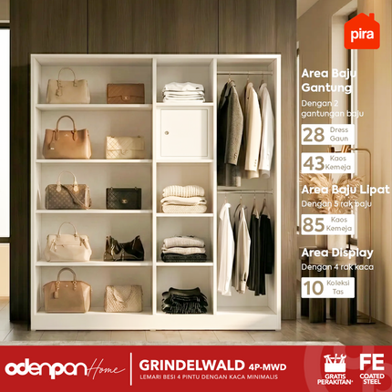PIRA - GRINDELWALD 4P MWD Lemari Pakaian Baju 4 Pintu Besi Pintu Swing Dengan Kaca