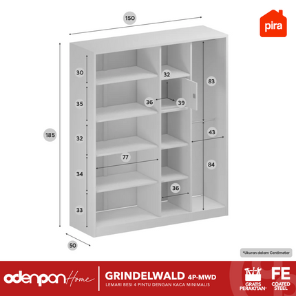 PIRA - GRINDELWALD 4P MWD Lemari Pakaian Baju 4 Pintu Besi Pintu Swing Dengan Kaca