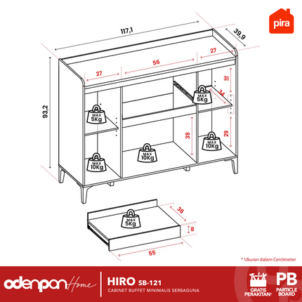 PIRA OX - HIRO SB121 Lemari Laci Cabinet Drawer Bufet Minimalis 4 Pintu 1 Laci 120 cm