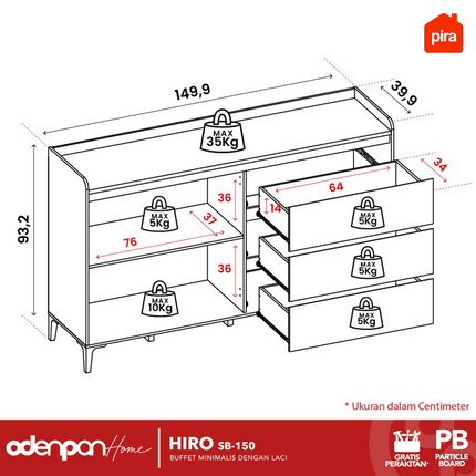 PIRA OX - HIRO SB150 Lemari Laci Cabinet Drawer Bufet Minimalis 2 Pintu 3 Laci Susun 150 cm