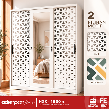 ODENPAN - HXX 1500 SL Lemari Pakaian / Baju 3 Pintu Besi Sliding Dengan Cermin Jumbo Minimalis