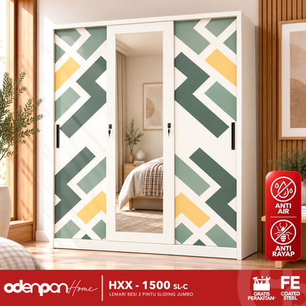 ODENPAN - HXX 1500 SL Lemari Pakaian / Baju 3 Pintu Besi Sliding Dengan Cermin Jumbo Minimalis