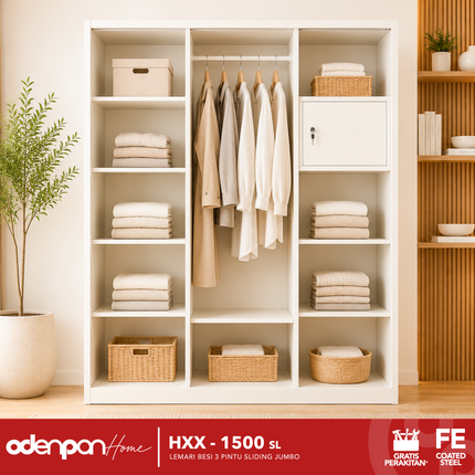 ODENPAN - HXX 1500 SL Lemari Pakaian / Baju 3 Pintu Besi Sliding Dengan Cermin Jumbo Minimalis