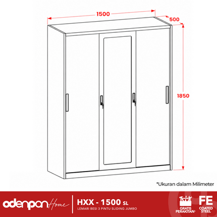 ODENPAN - HXX 1500 SL Lemari Pakaian / Baju 3 Pintu Besi Sliding Dengan Cermin Jumbo Minimalis