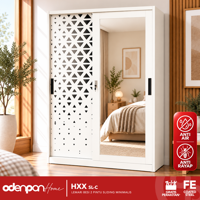 ODENPAN - HXX SL  Lemari Pakaian / Baju 2 Pintu Besi Sliding Dengan Cermin Minimalis