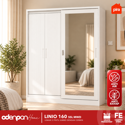 PIRA Lemari Pakaian / Baju 3 Pintu Besi Sliding Jumbo Pintu Swing & Sliding Minimalis Dengan Cermin 160 SSL MWD