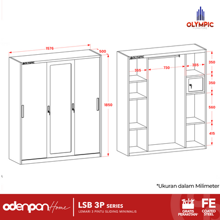BESTSTEEL - LSB 3P Lemari Pakaian Baju 3 Pintu Besi Jumbo Sliding Minimalis