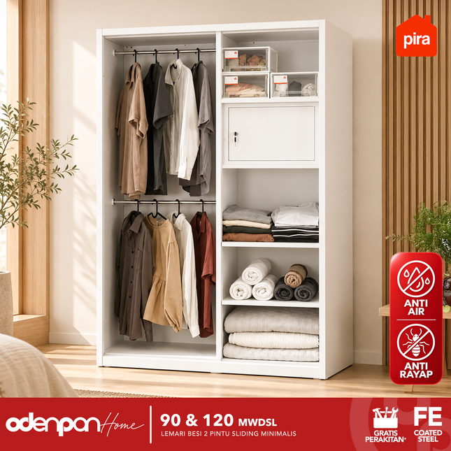 PIRA - CATTA Lemari Pakaian / Baju 2 Pintu Besi Sliding Dengan Cermin Motif Marmer