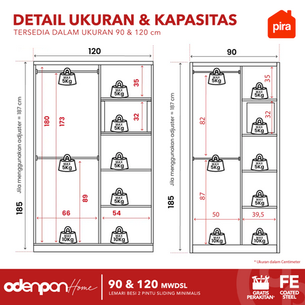 PIRA - LINIO Lemari Pakaian / Baju 2 Pintu Besi Sliding Dengan Cermin