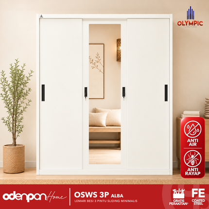 OLYMSTEEL - OSWS 3P Lemari Pakaian Baju 3 Pintu Besi Jumbo Dengan Cermin
