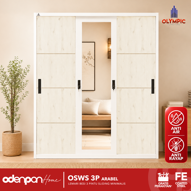 OLYMSTEEL - OSWS 3P Lemari Pakaian Baju 3 Pintu Besi Jumbo Dengan Cermin