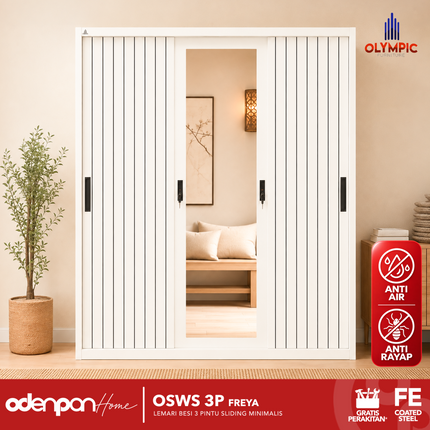 OLYMSTEEL - OSWS 3P Lemari Pakaian Baju 3 Pintu Besi Jumbo Dengan Cermin