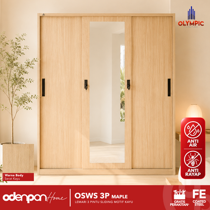 OLYMSTEEL - OSWS 3P WOOD WS Lemari Pakaian Baju 3 Pintu Besi Dengan Motif Kayu