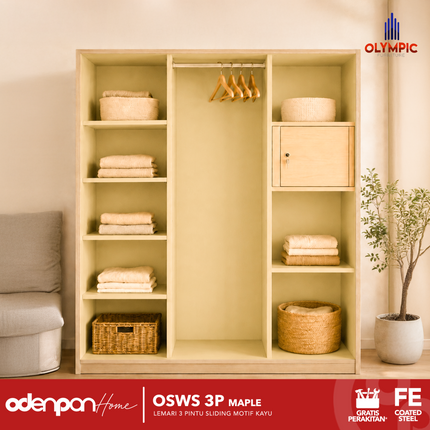 OLYMSTEEL - OSWS 3P WOOD WS Lemari Pakaian Baju 3 Pintu Besi Dengan Motif Kayu