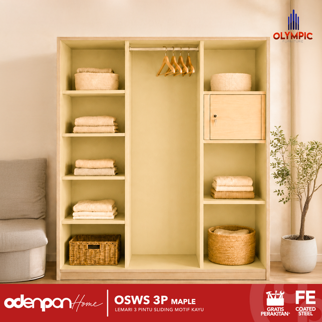 OLYMSTEEL - OSWS 3P WOOD WS Lemari Pakaian Baju 3 Pintu Besi Dengan Motif Kayu