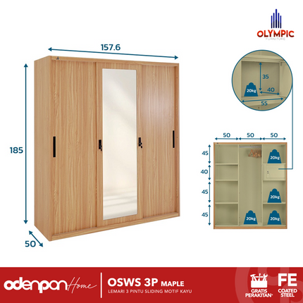 OLYMSTEEL - OSWS 3P WOOD WS Lemari Pakaian Baju 3 Pintu Besi Dengan Motif Kayu