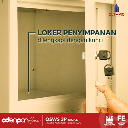 OLYMSTEEL - OSWS 3P WOOD WS Lemari Pakaian Baju 3 Pintu Besi Dengan Motif Kayu