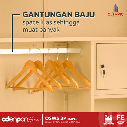 OLYMSTEEL - OSWS 3P WOOD WS Lemari Pakaian Baju 3 Pintu Besi Dengan Motif Kayu