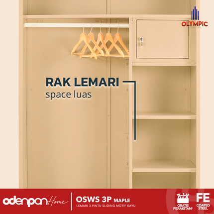 OLYMSTEEL - OSWS 3P WOOD WS Lemari Pakaian Baju 3 Pintu Besi Dengan Motif Kayu