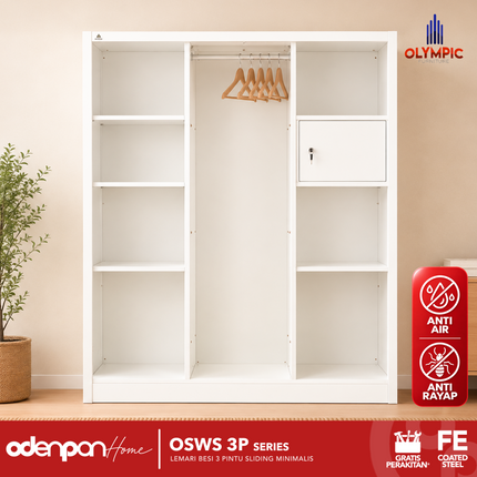 OLYMSTEEL - OSWS 3P Lemari Pakaian Baju 3 Pintu Besi Jumbo Dengan Cermin