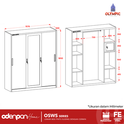 OLYMSTEEL - OSWS 3P Lemari Pakaian Baju 3 Pintu Besi Jumbo Dengan Cermin
