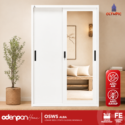 OLYMSTEEL - OSWS ALBA Lemari Pakaian Baju 2 Pintu Besi Sliding Putih Dengan Cermin