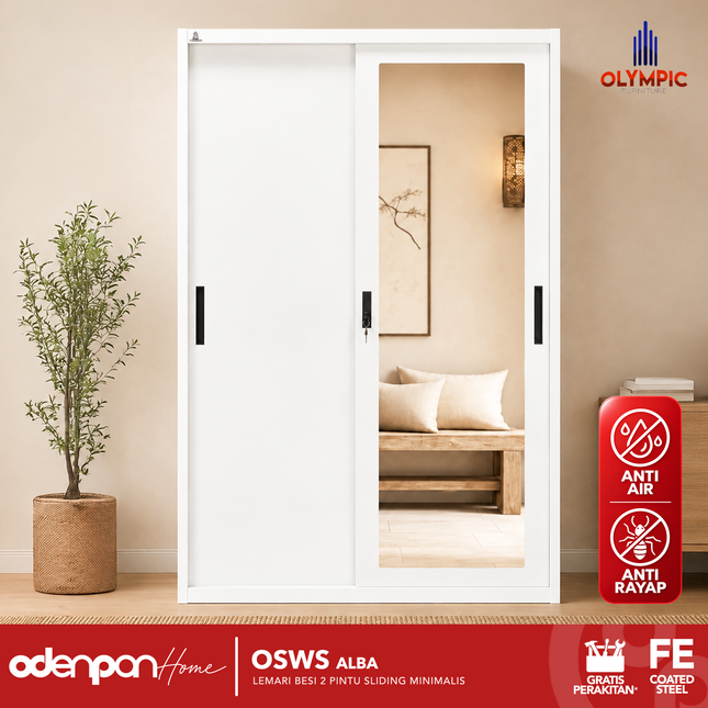 OLYMSTEEL - OSWS ALBA Lemari Pakaian Baju 2 Pintu Besi Sliding Putih Dengan Cermin