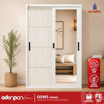 OLYMSTEEL - OSWS ARABEL Lemari Pakaian Baju 2 Pintu Besi Sliding Putih Dengan Cermin & Motif Kayu