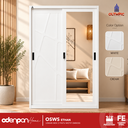 OLYMSTEEL - OSWS ETHAN Lemari Pakaian Baju 2 Pintu Besi Sliding Pintu 3D Emboss