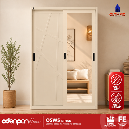 OLYMSTEEL - OSWS ETHAN Lemari Pakaian Baju 2 Pintu Besi Sliding Pintu 3D Emboss